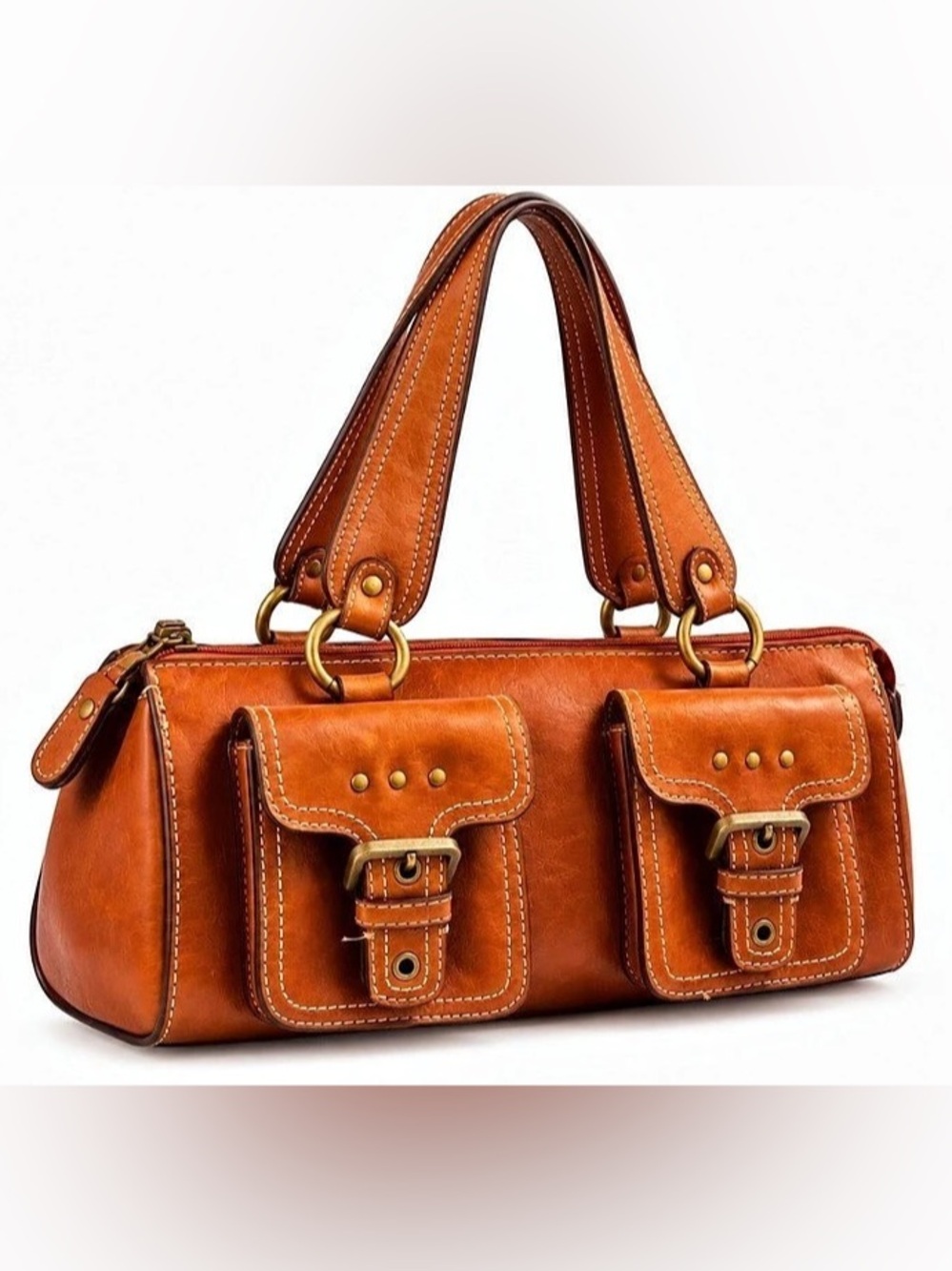 Cognac Y2K Double Cargo Pocket East West Shoulder Bag